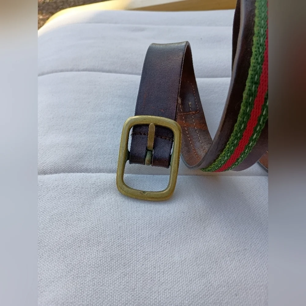 Vintage Dooney & Bourke Brown Leather Belt with Green and Red Stripes_32
